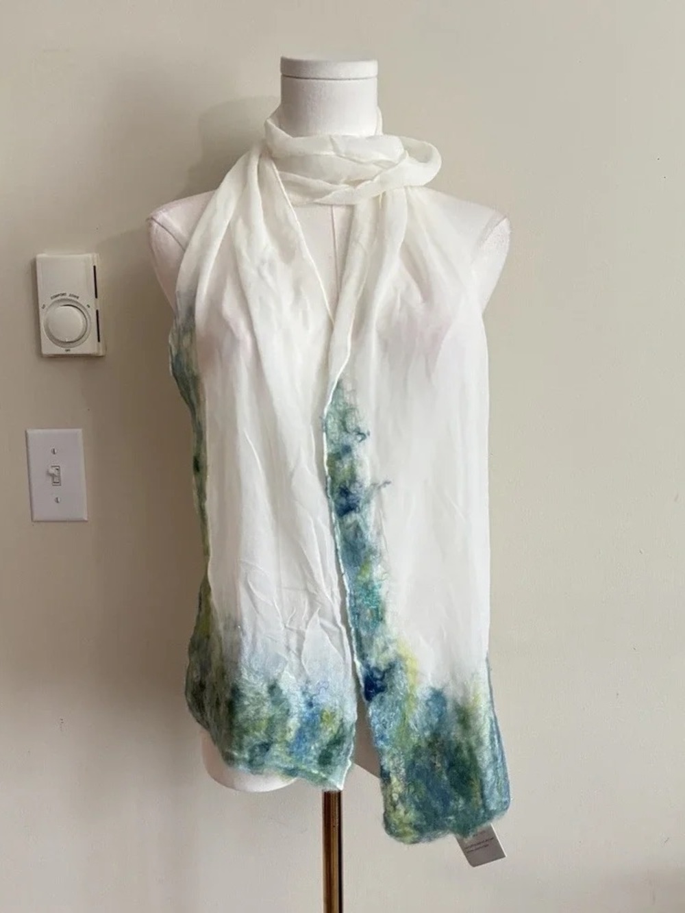 White Halter-Style Scarf Top with Blue-Green Accents